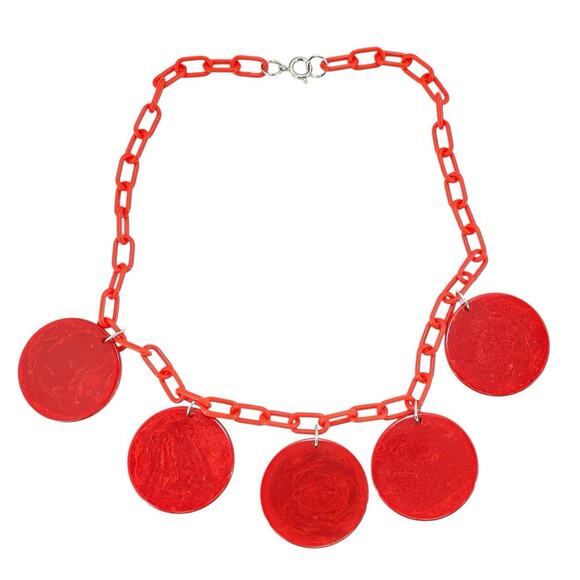 Bold Vintage Large Marbled Red Disk Bakelite Necklace Plastic Chain Geo Mod Read - Picture 7 of 13